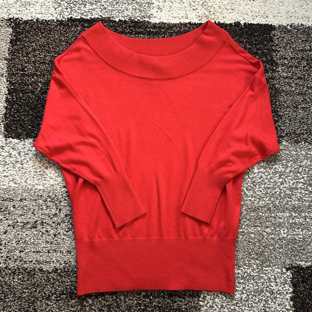 EXPRESS (M) Red Banded Bottom Wedge Tunic Sweater Off Shoulder Knit Loose Baggy